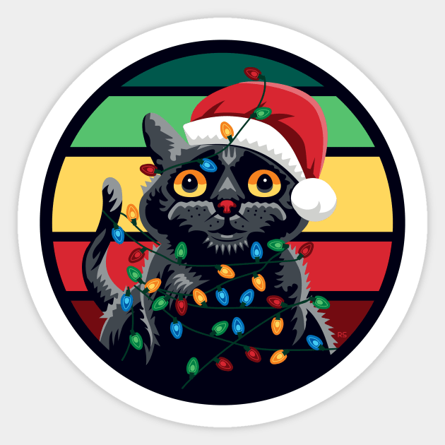 Cute Black Cat Tangled in Christmas Lights - Retro Style T-Shirt Sticker by RYSHU 